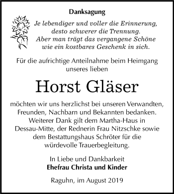 Traueranzeige von Horst Gläser von Mitteldeutsche Zeitung Bitterfeld