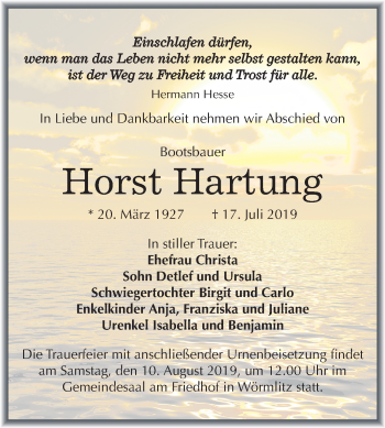 Traueranzeige von Horst Hartung von Mitteldeutsche Zeitung Halle/Saalkreis