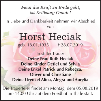 Traueranzeige von Horst Heciak von Mitteldeutsche Zeitung Quedlinburg