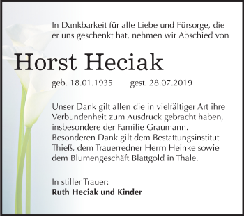 Traueranzeige von Horst Heciak von Super Sonntag Quedlinburg