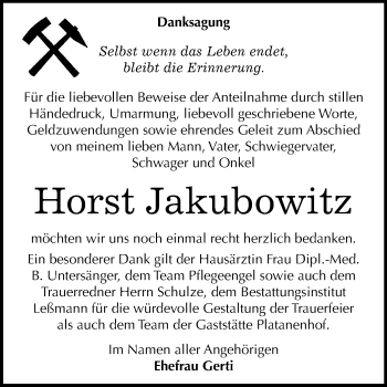 Traueranzeige von Horst Jakubowitz von Super Sonntag Wittenberg