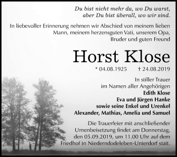 Traueranzeige von Horst Klose von Mitteldeutsche Zeitung Naumburg/Nebra