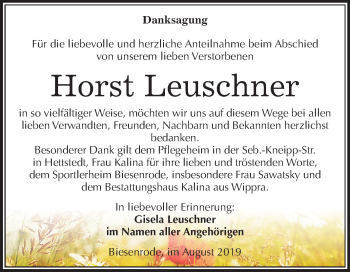 Traueranzeige von Horst Leuschner von Mitteldeutsche Zeitung Mansfelder Land