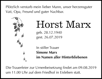 Traueranzeige von Horst Marx von Mitteldeutsche Zeitung Mansfelder Land