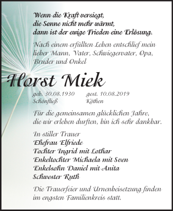 Traueranzeige von Horst Miek von Super Sonntag Köthen