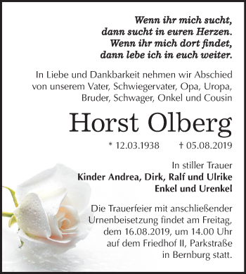 Traueranzeige von Horst Olberg von Mitteldeutsche Zeitung Bernburg
