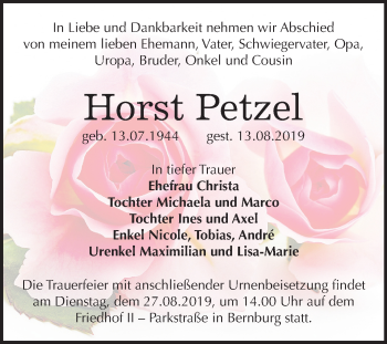 Traueranzeige von Horst Petzel von Mitteldeutsche Zeitung Bernburg