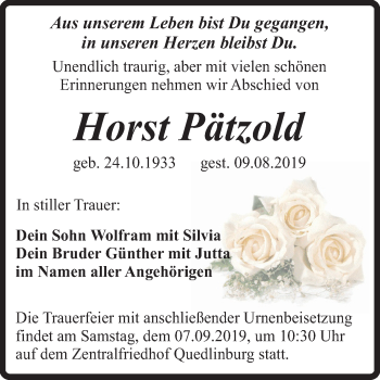 Traueranzeige von Horst Pätzold von Super Sonntag Quedlinburg