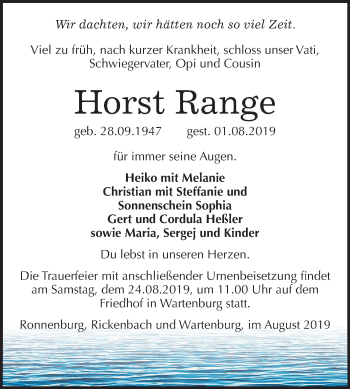 Traueranzeige von Horst Range von Super Sonntag Wittenberg