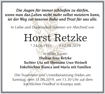 Traueranzeige von Horst Retzke von Mitteldeutsche Zeitung Merseburg/Querfurt