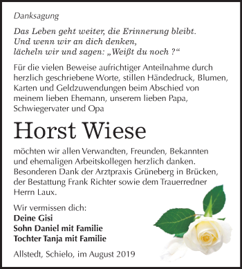 Traueranzeige von Horst Wiese von Super Sonntag Sangerhausen