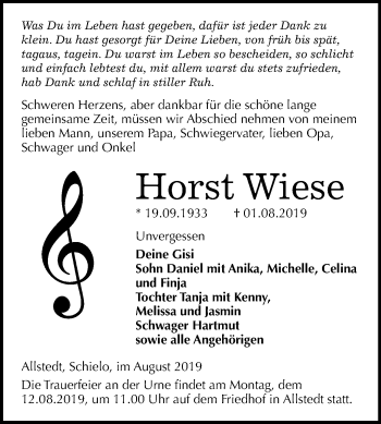Traueranzeige von Horst Wiese von Super Sonntag Sangerhausen
