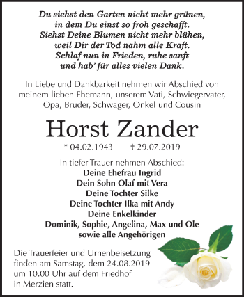 Traueranzeige von Horst Zander von Super Sonntag Köthen