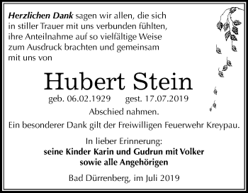 Traueranzeige von Hubert Stein von Mitteldeutsche Zeitung Merseburg/Querfurt