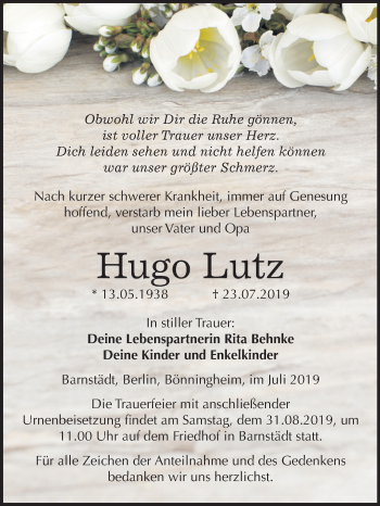 Traueranzeige von Hugo Lutz von Wochenspiegel Merseburg/Querfurt