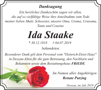 Traueranzeige von Ida Staake von Super Sonntag Dessau-Roßlau