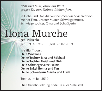Traueranzeige von Ilona Murche von Mitteldeutsche Zeitung Wittenberg