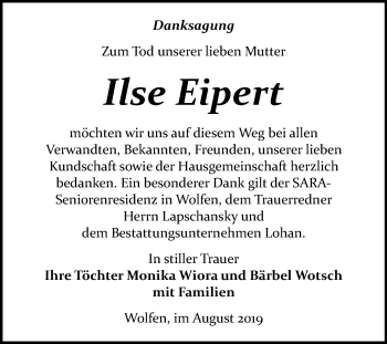 Traueranzeige von Ilse Eipert von Mitteldeutsche Zeitung Bitterfeld
