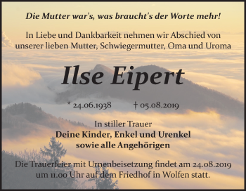 Traueranzeige von Ilse Eipert von Mitteldeutsche Zeitung Bitterfeld