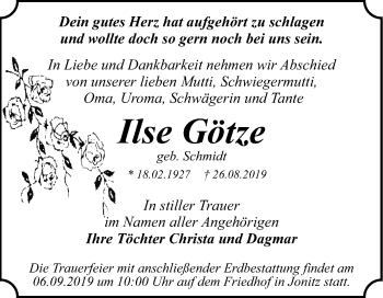 Traueranzeige von Ilse Götze von Super Sonntag Dessau-Roßlau