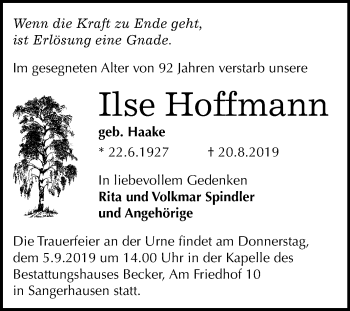 Traueranzeige von Ilse Hoffmann von Mitteldeutsche Zeitung Sangerhausen