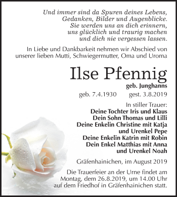 Traueranzeige von Ilse Pfennig von Super Sonntag Wittenberg