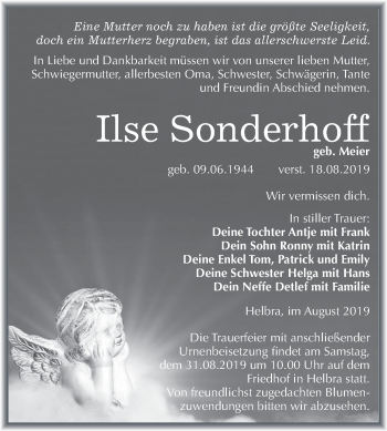 Traueranzeige von Ilse Sonderhoff von Wochenspiegel Mansfelder Land