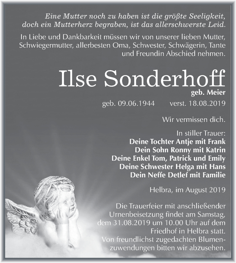  Traueranzeige für Ilse Sonderhoff vom 24.08.2019 aus Mitteldeutsche Zeitung Mansfelder Land