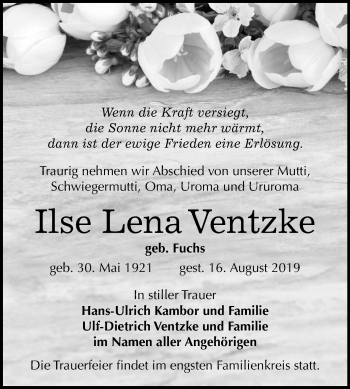 Traueranzeige von Ilse Lena Ventzke von Mitteldeutsche Zeitung Halle/Saalkreis