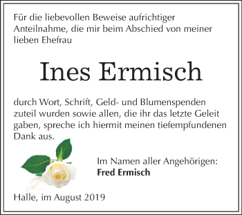 Traueranzeige von Ines Ermisch von Mitteldeutsche Zeitung Halle/Saalkreis