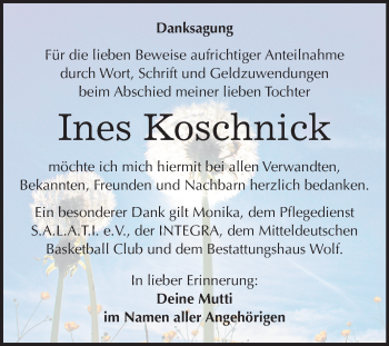 Traueranzeige von Ines Koschnick von Wochenspiegel Weißenfels