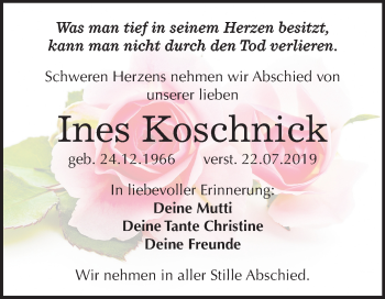 Traueranzeige von Ines Koschnick von Mitteldeutsche Zeitung Weißenfels
