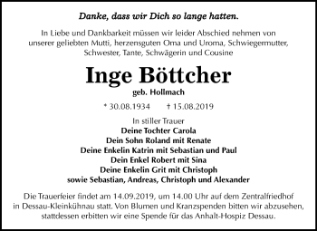 Traueranzeige von Inge Böttcher von Mitteldeutsche Zeitung Dessau-Roßlau