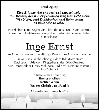 Traueranzeige von Inge Ernst von Mitteldeutsche Zeitung Merseburg/Querfurt