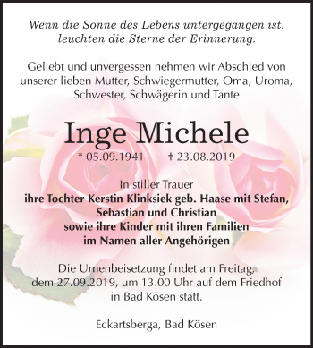 Traueranzeige von Inge Michele von Mitteldeutsche Zeitung Naumburg/Nebra