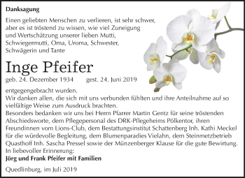 Traueranzeige von Inge Pfeifer von Mitteldeutsche Zeitung Quedlinburg