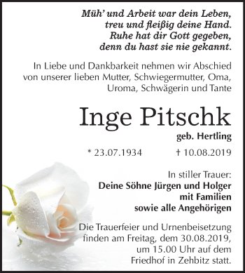 Traueranzeige von Inge Pitschk von Super Sonntag Köthen