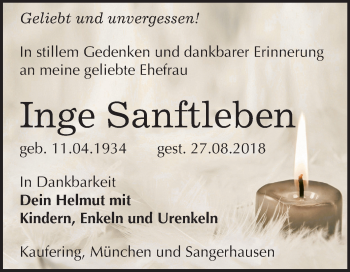 Traueranzeige von Inge Sanftleben von Super Sonntag Sangerhausen