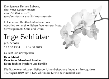 Traueranzeige von Inge Schlüter von Mitteldeutsche Zeitung Wittenberg