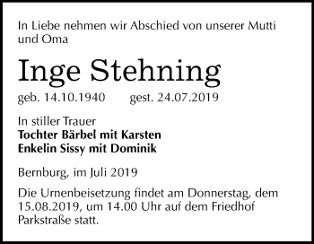 Traueranzeige von Inge Stehning von Mitteldeutsche Zeitung Bernburg