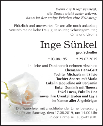 Traueranzeige von Inge Sünkel von Mitteldeutsche Zeitung Naumburg/Nebra