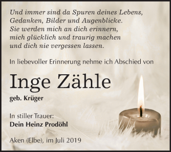Traueranzeige von Inge Zähle von Super Sonntag Köthen