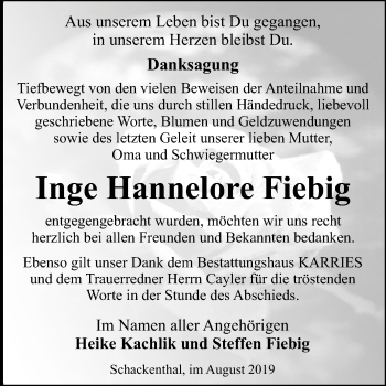 Traueranzeige von Inge Hannelore Fiebig von Mitteldeutsche Zeitung Aschersleben