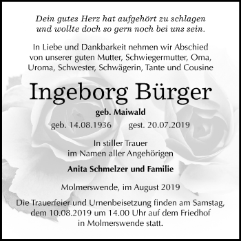 Traueranzeige von Ingeborg Bürger von Mitteldeutsche Zeitung Mansfelder Land