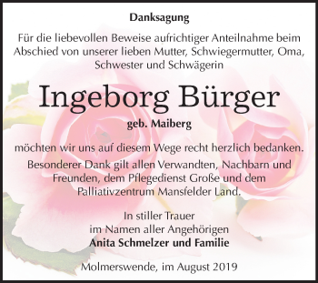 Traueranzeige von Ingeborg Bürger von Super Sonntag Mansfelder Land