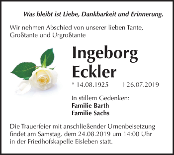 Traueranzeige von Ingeborg Eckler von Mitteldeutsche Zeitung Mansfelder Land