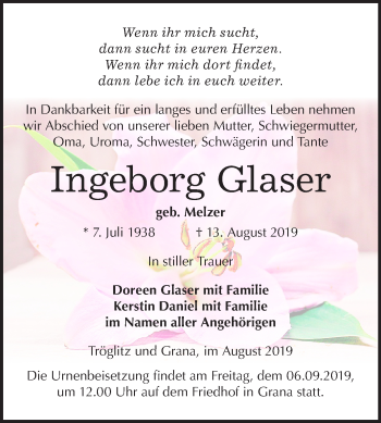 Traueranzeige von Ingeborg Glaser von Mitteldeutsche Zeitung Zeitz