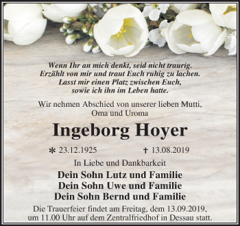 Traueranzeige von Ingeborg Hoyer von Mitteldeutsche Zeitung Dessau-Roßlau