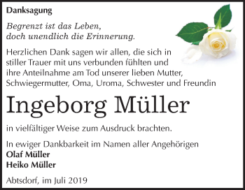 Traueranzeige von Ingeborg Müller von Super Sonntag Wittenberg