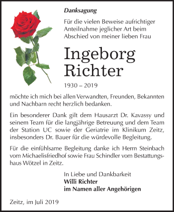 Traueranzeige von Ingeborg Richter von Mitteldeutsche Zeitung Zeitz